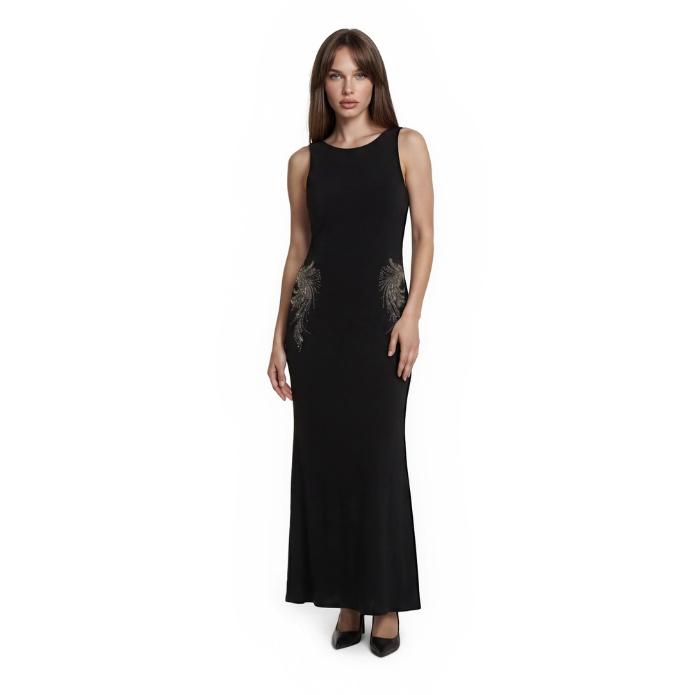 Badgley Mischka Evening Gown Dress‎ Women's Size 8 Black Beaded Draped Back